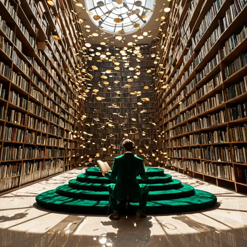 A horizontal, wideangle shot of a serene, sundrenched library courtyard where the flooring is composed of thousands of floating, levitating vinyl records in matte black and gold, hovering inches above a pool of still, mercurylike liquid that reflects the sky. In the center, a grand, spiraling staircase made of translucent, ambercolored resin winds upward, connecting tiers of open bookshelves carved from smooth, white marble. A figure dressed in a vibrant, tailored suit of emerald green velvet sits on the lowest step, reading a book that emits a soft, warm glow, while tiny, glowing fireflies with translucent, paperthin wings drift lazily around them. The lighting is bright and natural, with dappled sunlight filtering through the