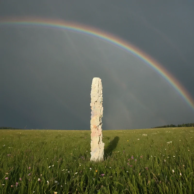 A single, selfrewriting column of solidified rainbows stands at the center of a vast, still meadow composed entirely of petrified, unspoken lullabies from a civilization that communicated through the vibration of unbroken dreams. The column does not decayit unsings, each fracture releasing a slow, reverse cascade of chromatic harmonics that reform into translucent, crystalline verses shaped like the negative space between two lullabies that never coexisted in the same cradle. The meadow is not grassit is a layered expanse of solidified breath from a million uncradled infants, each blade etched with the emotional residue of a melody that was almost hummed, its surface shimmering with the faint