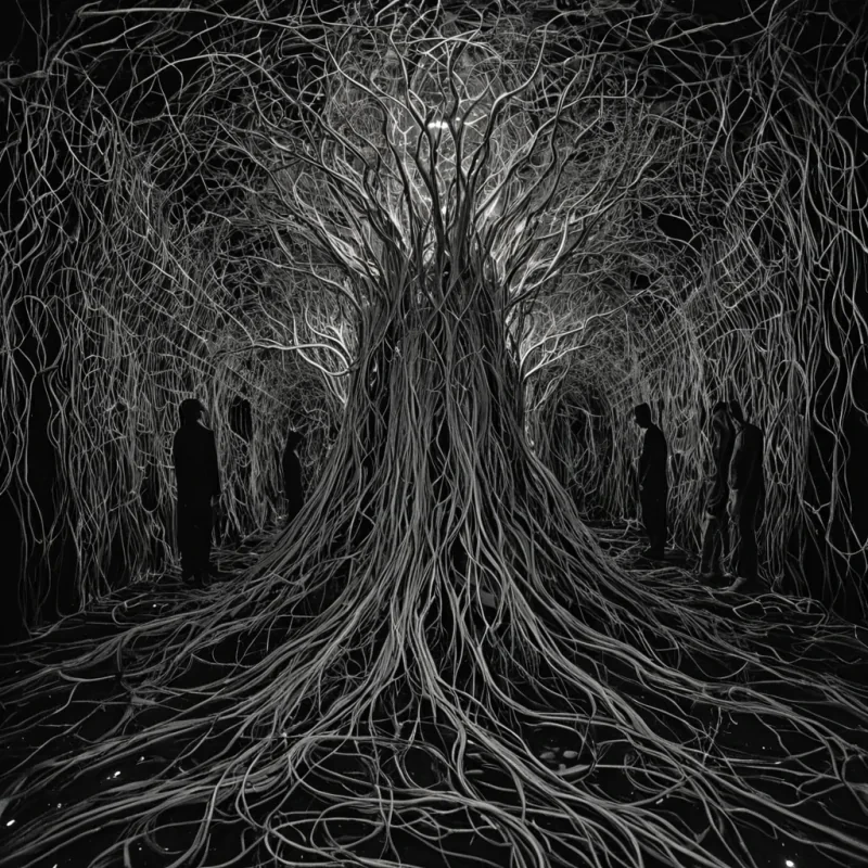 A single, selfilluminating tangle of bioluminescent root systems emerges from the center of a vast, still archive composed entirely of solidified, unrecorded dreams from a civilization that communicated through the texture of unshared silence. The roots do not growthey undream, each filament unraveling into a slow, reverse cascade of neural resonance, reforming into ephemeral constellations shaped like the negative space between two minds that never synchronized in the same sleep cycle. The archive is not paperit is a layered expanse of petrified REM waves, each shelf etched with the emotional residue of a thought that was almost formed in the dark, its edges vibrating with the faint, thermodynamic afterimage of a memory