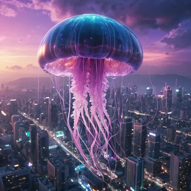 A gargantuan, levitating jellyfish drifts through the neonlit skies of a futuristic metropolis, its tendrils illuminating the cityscape below with bioluminescent pulses, hyperrealistic, 4K, cinematic lighting, volumetric lighting, atmospheric effects, dynamic lighting, bokeh effect, soft focus, lens flare, electric purples, glowing blues, and iridescent pinks, detailed textures.
