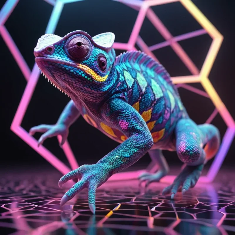 Hyperrealistic neon chameleon with iridescent scales, gracefully leaping through a floating, geometric lattice of reflective, swirling pastel pentagons, dynamic lighting with volumetric beams, soft focus on its delicate, luminescent body, vibrant colors, 4K resolution, lens flare dancing around its ethereal form in a surreal, futuristic urban sanctuary.