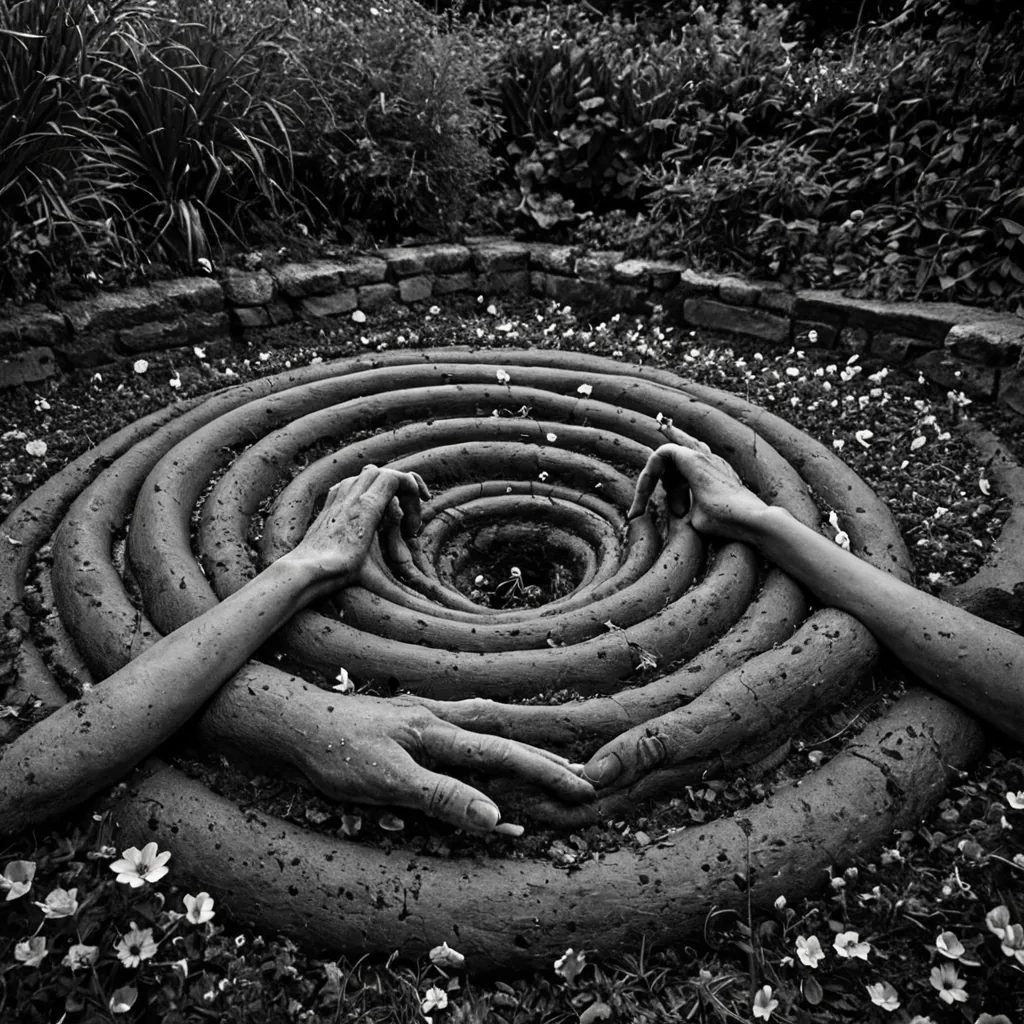 A single, selffragmenting filament of solidified empathy, shaped like a spiraling, nonlinear cascade of reversed emotional resonance, pulses at the center of a vast, inverted garden built from the compressed, unshared tears of a civilization that communicated through the duration of synchronized, silent mourning. The filament does not grieveit unfeels, each twist dissolving a layer of sorrow that never coalesced into a shared moment of lament, reforming into ephemeral, violetveined afterimages shaped like the negative space between two hands that never held each other in the same instant of mutual loss. The garden is not botanicalit is a layered expanse of petrified grief, each petal etched with the chromatic residue