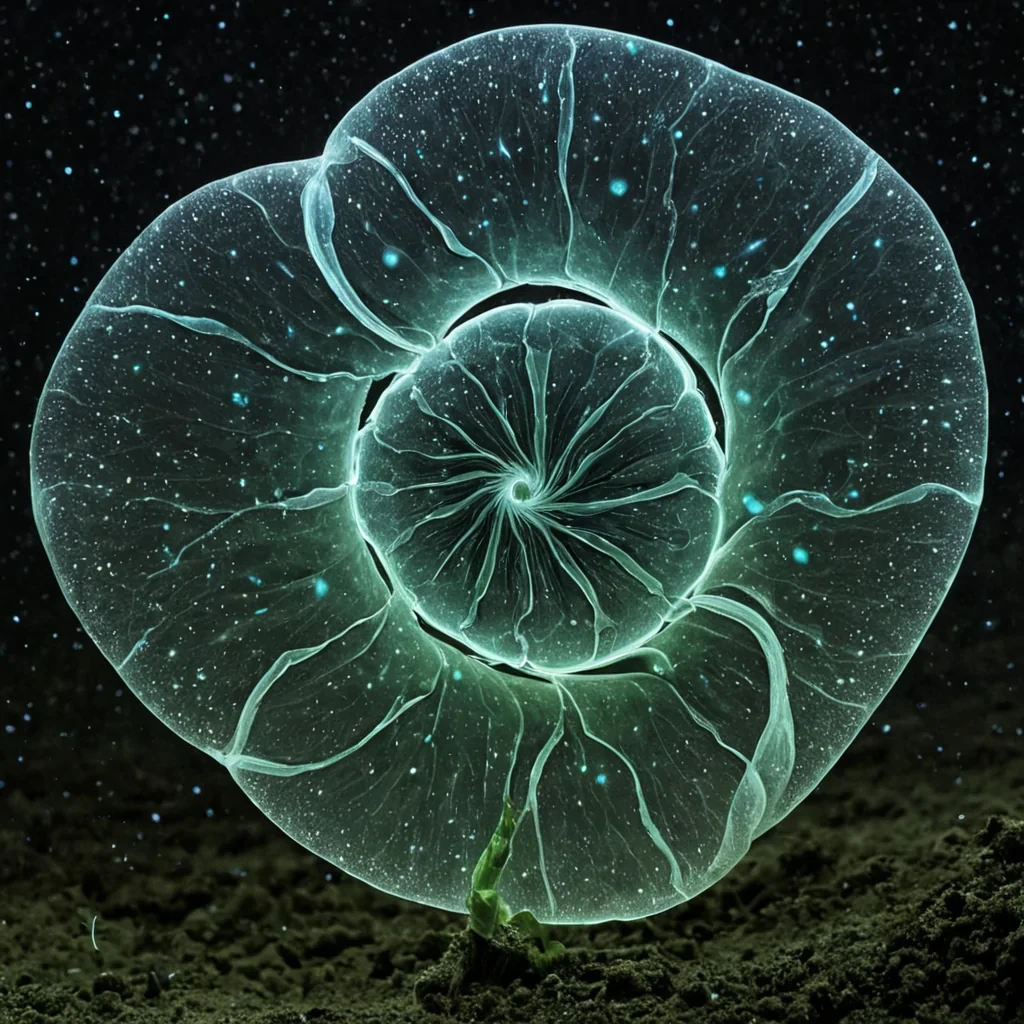 A single, selforganizing constellation of bioluminescent dust, shaped like a 9dimensional Mbius knot of reversed growth and unformed decay, drifts through the center of a vast, inverted greenhouse of petrified raineach petal forged from the solidified droplet of a civilization that measured life not by reproduction, but by the duration of synchronized, breathless suspension held just before the first seed was ever permitted to sprout in a world where flora was not forbidden, but never needed. The dust does not glowit ungerminates, each swirling particle shedding a layer of vegetal potential that never coalesced into a shared bloom, reforming into ephemeral, jadethreaded afterimages shaped