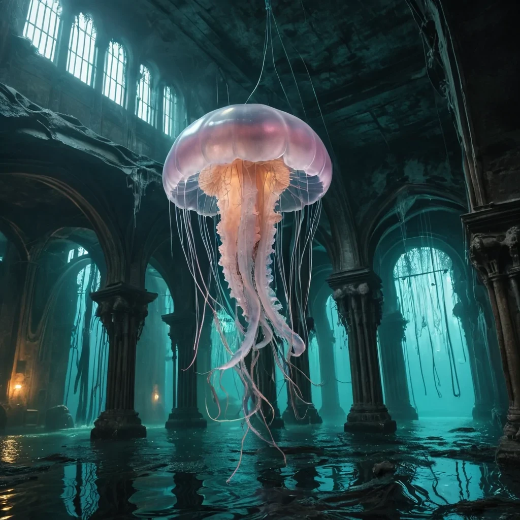 Suspended Sanctuary A colossal, ancient jellyfish, its transparent, ultraHD bell pulsating with intricate, hyperrealistic bioluminescent patterns, floats serenely in the heart of a vast, abandoned, underwater city. The citys towering, decaying spires stretch out around it, their detailed textures accentuated by the dynamic, cinematic lighting filtering through the waters atmospheric, pastelhued surface. Volumetric lighting casts dramatic shadows, revealing the jellyfishs delicate, ethereal form, its trailing, iridescent tentacles dancing gracefully in the gentle, underwater current. The jellyfishs bell reflects the vibrant, cinematic lighting of the citys longabandoned, neon