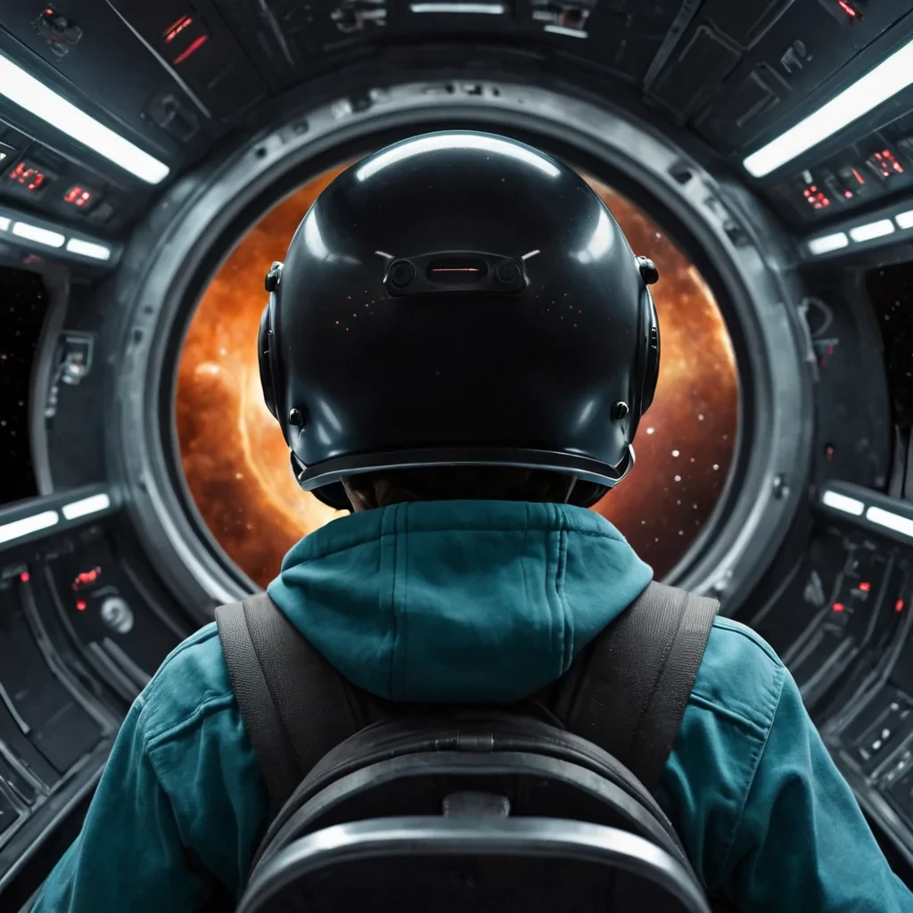 teenage boy riding in a spaceship looking forward but shot closeup from the back so no face, just helmet meanwhile a blackhole is getting closer.