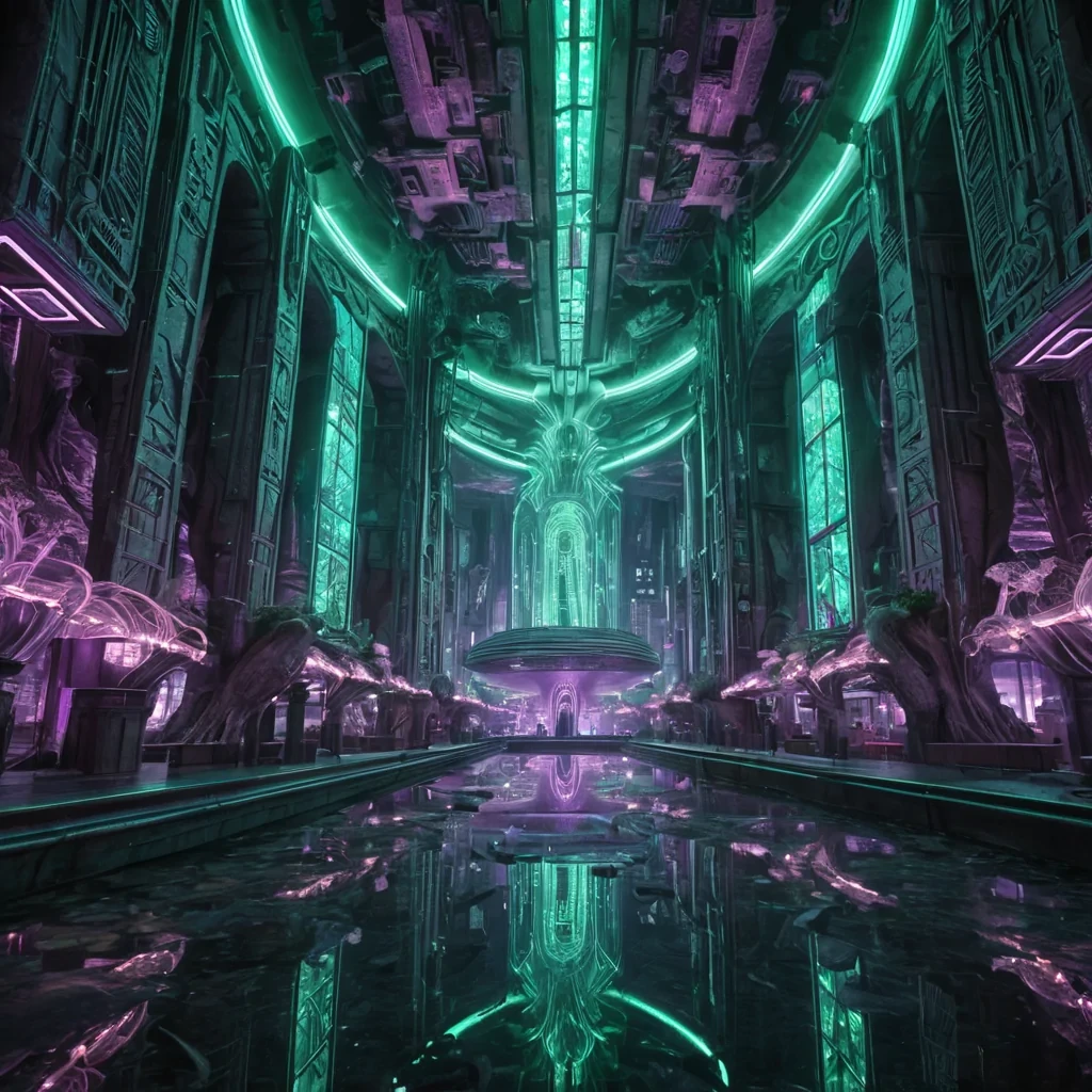 A hyperrealistic, 4K, ultra HD depiction of a surreal, neonlit underground city in the year 2250. The citys towering, art deco structures and geometric tunnels are etched with intricate, holographic patterns that shimmer in a kaleidoscope of electric greens and purples. Volumetric lighting from the pulsating, bioluminescent fungi casts a mesmerizing glow on the diverse, cyberneticallyenhanced citizens. Photorealistic, zerogravity schools of exotic, luminescent creatures drift in a surreal ballet above the shimmering, subterranean rivers. In the heart of the city, a towering, crystalline formation resembling an ancient, earth deity stands watch, its facets reflecting