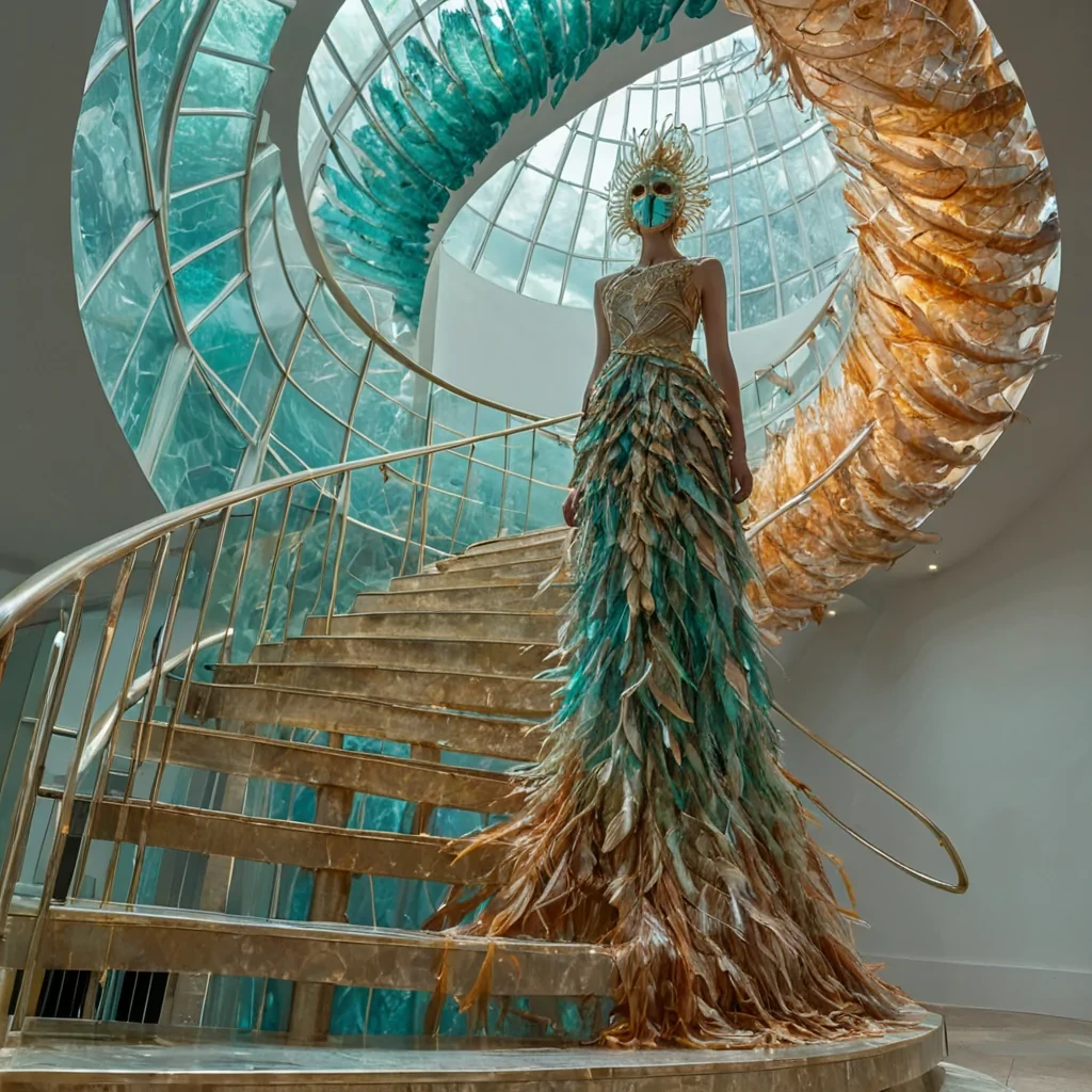 A hyperrealistic, lowangle wide shot of a colossal, spiraling stairwell constructed from translucent, amberhued resin blocks, each embedded with suspended, fossilized feathers in iridescent hues of teal and copper. The structure ascends into a void of swirling, pastelcolored clouds, illuminated by the soft, diffused light of a twinsun system. A solitary figure, dressed in a flowing, lightweight gown made of recycled metallic fibers that shimmer with shifting patterns of gold and silver, pauses on one of the treads, looking upward. Their face is partially obscured by a delicate, intricate mask made of woven glass strands. The camera lens captures the intricate textures of the resin and the soft, ethereal glow of the surrounding atmosphere,