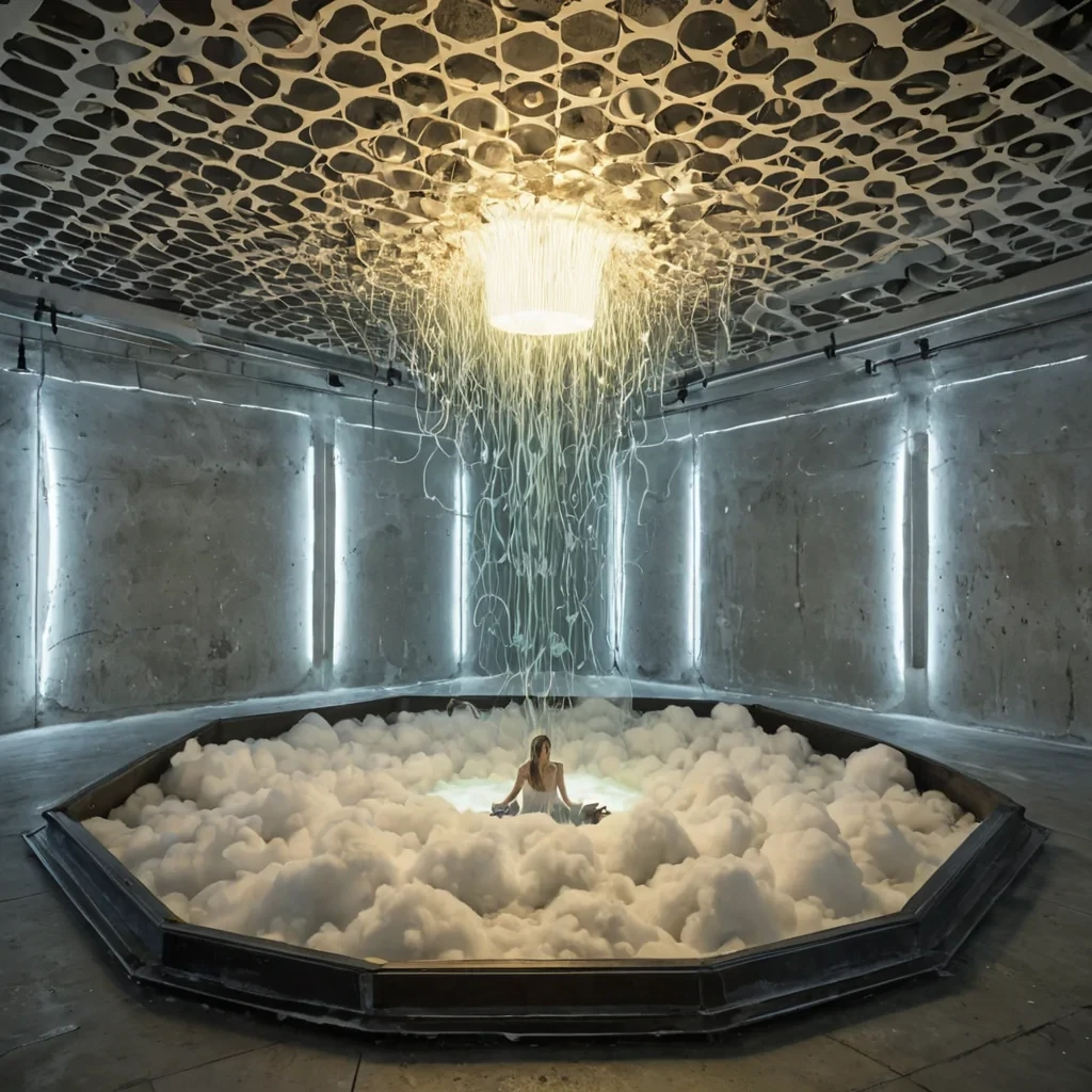 A single, selfsustaining ring of liquid nitrogen suspended in midair within a vast, rotating hexagonal chamber lined with iridescent, soundabsorbing foam that glows faintly with the residual energy of a thousand unplayed symphonies. The ring does not freezeit sings, emitting a subsonic hum that causes the chamber walls to ripple like molten glass, each ripple forming the shape of a forgotten name whispered in a language of pure vibration. The floor is not solidit is a thin, taut membrane of stretched silence, vibrating at the exact frequency of a heartbeat that was never heard, its surface etched with the faint, geometric patterns of a dream that collapsed before it could be remembered. Above, the ceiling