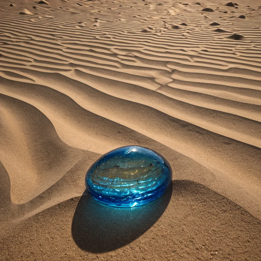 A hyperrealistic, wideangle low shot of a vast, arid landscape composed entirely of smooth, undulating dunes of crushed, iridescent blue glass shards that glint under a harsh, highnoon sun. Rising from the center of the dunes is a colossal, spiraling tower constructed from stacked, translucent panes of smoked quartz, each pane etched with fine, goldleaf circuitry that pulses with faint, rhythmic amber light. The air is still and shimmering with heat haze, distorting the horizon into wavy, abstract lines. In the immediate foreground, a single, sleek vehicle shaped like a teardrop made of polished white ceramic rests quietly on the glass sand, its surface reflecting the sharp,