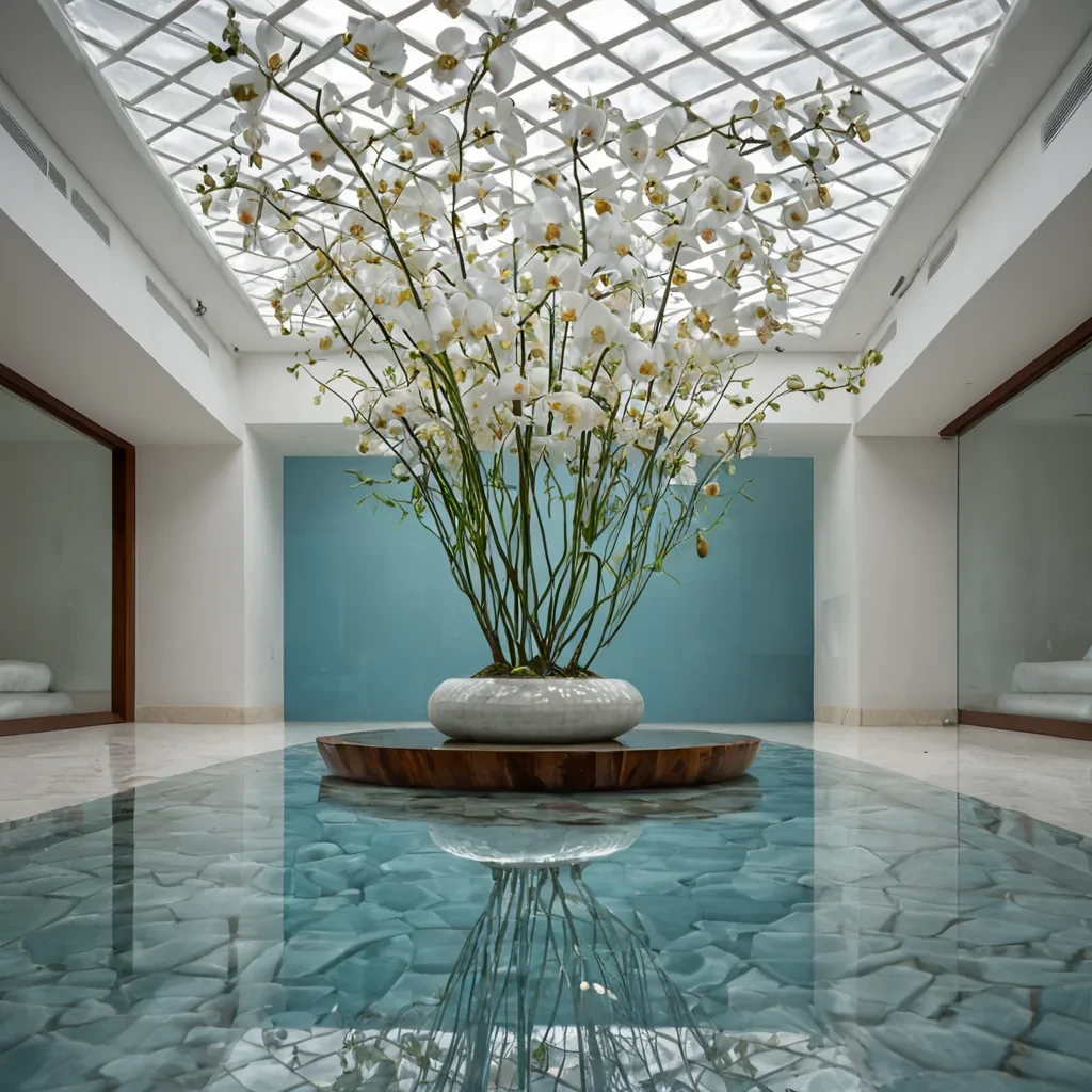 A lowangle, photorealistic shot of a serene, indoor salt lake with crystalclear, shallow water that perfectly mirrors a ceiling composed of undulating, semitranslucent alabaster panels. The floor is covered in smooth, white geometric tiles that disappear beneath the still water, creating an illusion of infinite depth. In the center, a minimalist, floating platform made of warm, oiled teak wood supports a single, large ceramic vessel containing a thriving colony of delicate, white orchids and trailing green vines. The lighting is soft and diffused, filtering through the alabaster ceiling to cast gentle, rippling shadows on the waters surface, while a subtle, cool blue ambient glow emanates from beneath the water line, illuminating the