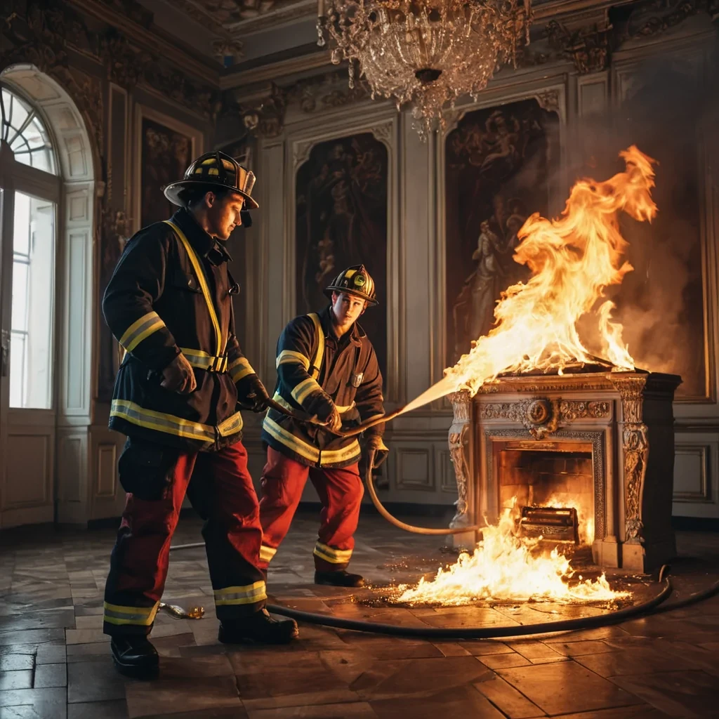 Firemen put out a fire in the palace. The handsome king is helping.