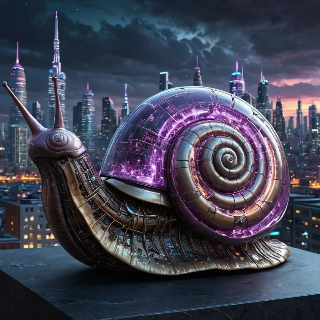 A colossal, ancient, mechanical snail, its metallic shell adorned with intricate, pulsating neon circuits, inches through a stormy, amethyst nebula. Within its transparent, bioluminescent body, a labyrinthine, neonlit cityscape sprawls, its towering, glass spires casting ephemeral shadows on the citys sentient, robotic inhabitants. Rendered in ultra HD, with dynamic lighting, atmospheric effects, and vibrant colors, evoking a sense of surreal, otherworldly wonder at this celestial, mechanical marvel.