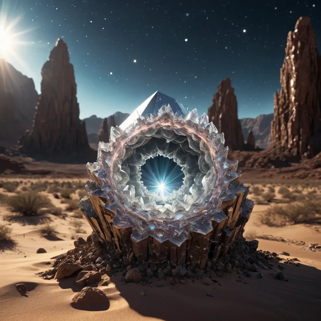 Quantum Echo A colossal, crystalline structure, reminiscent of a colossal geode, towers over a desolate, hyperrealistic, Ultra HD desert landscape. Its fractal, detailed texture shimmers under the harsh, cinematic lighting of a binary star system, casting intricate, dynamic shadows across the alien terrain. The structures core pulsates with a rhythmic, atmospheric glow, creating a soft, ethereal bokeh effect that dances with the landscapes lens flare, echoing the quantum fluctuations of the universe itself.