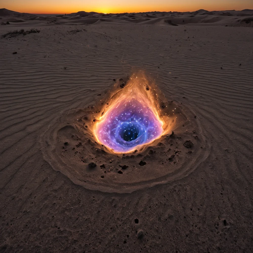 A single, selffragmenting nebula of reversed light, shaped like a 113dimensional tesseract of unformed photons and inverted luminescence, drifts at the center of a vast, inverted desert of solidified shadoweach dune carved from the exact moment between a sunrise breaking and its refusal to illuminate, a candle flickering and dissolving into nonthermal darkness, a star collapsing and collapsing again into pure, unrefracted void. The nebula does not glowit unglows, each disintegrating particle shedding a layer of radiance that never coalesced into a shared dawn, reforming into ephemeral, obsidianveined afterimages shaped like the negative space between two eyes that never
