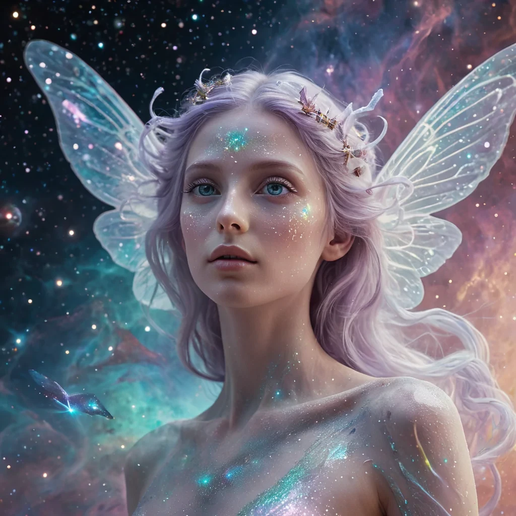 A hyperrealistic, 4K, ultra HD portrait of a mysterious, ethereal being with opalescent skin and eyes that shimmer like starlight. The beings iridescent, gossamer wings flutter gently, leaving trails of stardust in their wake. The background is a nebula of swirling, pastel hues, with distant galaxies and planets casting a soft, ethereal glow. Cinematic lighting accentuates the beings otherworldly features, while a subtle bokeh effect blurs the cosmic backdrop, creating a dreamlike atmosphere.