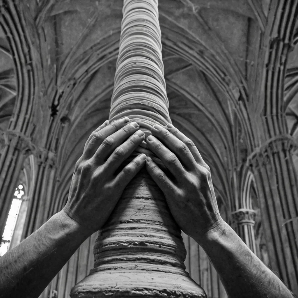 A single, selfigniting filament of reversed silence, shaped like a 59dimensional helix of unformed stillness and inverted quiet, coils through the center of a vast, inverted cathedral of solidified soundeach column forged from the petrified instant between a chimes resonance and its refusal to echo, a hymns rise and its sudden collapse into hollow air, a breath exhaled and its immediate unraveling into pure absence. The filament does not burnit unburns, each trembling strand shedding a layer of thermal potential that never coalesced into a shared warmth, reforming into ephemeral, obsidianthreaded afterimages shaped like the negative space between two hands that never clasped in prayer, suspended