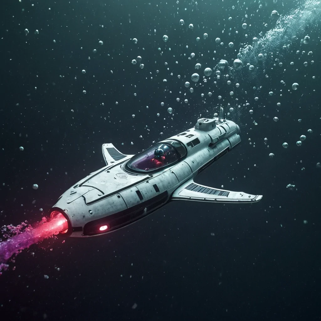 A dynamic, highspeed action shot captured from a low, tilted Dutch angle, showcasing a sleek, mattewhite submersible vehicle diving through a dense, turbulent column of liquid mercury. The vehicle is streamlined and futuristic, with a cockpit made of curved, smartglass that reveals a pilots hand resting on a haptic control interface. The mercury is not silver but a deep, shifting obsidian that ripples with iridescent purple and green hues where it impacts the hull. Surrounding the submersible are thousands of tiny, spherical bubbles of trapped air, each containing a microscopic, glowing red bioluminescent organism that pulses in unison. The lighting is harsh and directional, coming from a single, intense beam of white light originating