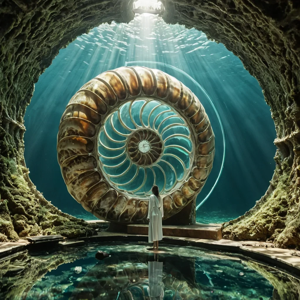 A horizontal, eyelevel medium shot of a precision acoustic engineering studio situated inside the hollowedout shell of a colossal, ancient nautilus shell, submerged in a crystalclear, sundrenched lagoon. The interior walls display the spiral geometry of the shell, lined with sounddampening moss and embedded with resonant copper coils that pulse with a soft, amber hum. In the center, a sound designer wearing a sleek, hydrophobic white tunic with integrated haptic feedback nodes uses a pair of slender, conductive metal rods to tune a floating, threedimensional holographic waveform that shimmers in gradients of teal and gold. The water around the figure is perfectly still, reflecting the intricate chambers above, while sunlight filters through the translucent shell