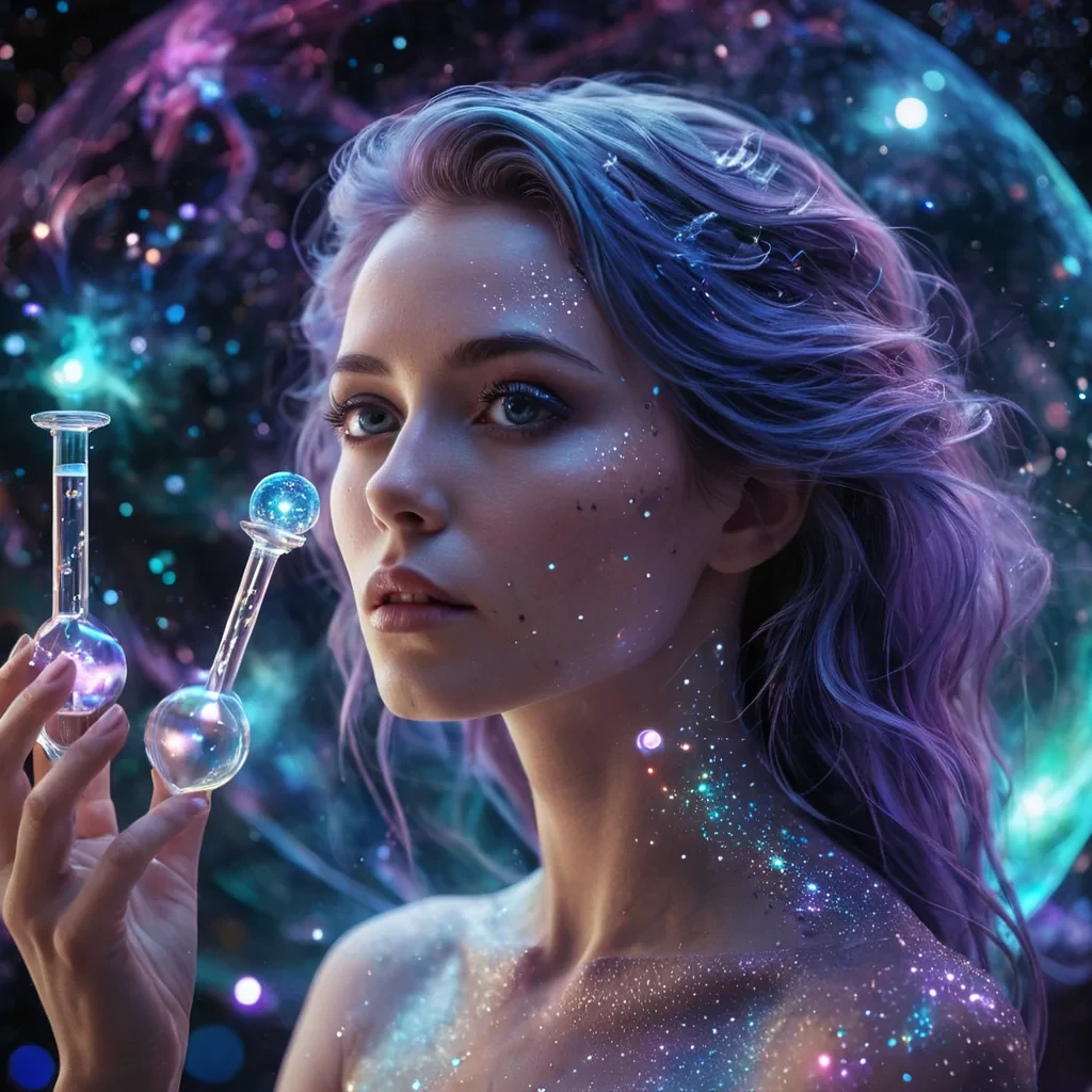 A hyperrealistic, 4K, ultra HD portrait of a celestial alchemist, her skin iridescent with the hues of a nebula. The alchemists eyes, a deep, enigmatic sapphire, hold the secrets of a thousand cosmic reactions. Her hair, a cascade of shimmering, holographic stardust, gently pulses with each beat of her astral heart. The background is a surreal, hightech observatory filled with floating, selfassembling test tubes and the soft glow of quantum spectrographs. Cinematic lighting accentuates the alchemists otherworldly beauty, while a subtle bokeh effect blurs the neonlit cosmos, creating an intimate, focused atmosphere.