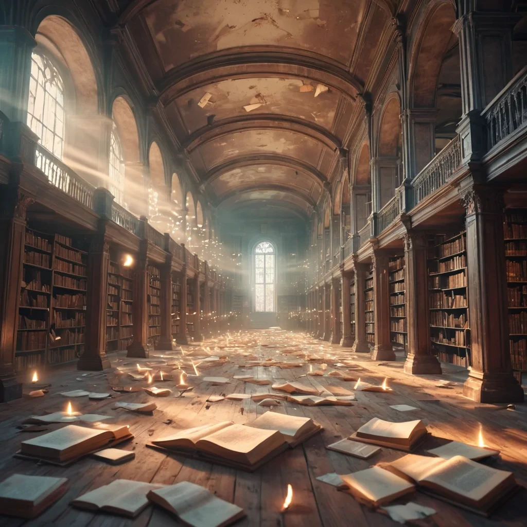 A vast, abandoned library filled with levitating, glowing manuscripts, each one emitting a soft, ethereal light, hyperrealistic, 4K, cinematic lighting, volumetric lighting, atmospheric effects, soft focus, pastel tones, detailed textures.