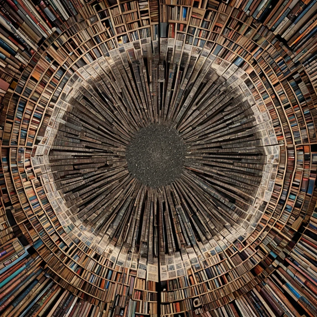 A single, selffragmenting mosaic of reversed time, shaped like a 739dimensional kaleidoscope of unformed chronology and inverted memory, rotates endlessly at the center of a vast, inverted library of solidified silenceeach bookshelf carved from the exact moment between a page turning and its refusal to be read, a sentence being written and dissolving into nonlinguistic ash, a story beginning and collapsing into pure, unspoken stillness. The mosaic does not recordit unrecords, each shattering shard shedding a layer of narrative potential that never coalesced into a shared past, reforming into ephemeral, amethystthreaded afterimages shaped like the negative space between two fingers that never traced the same line