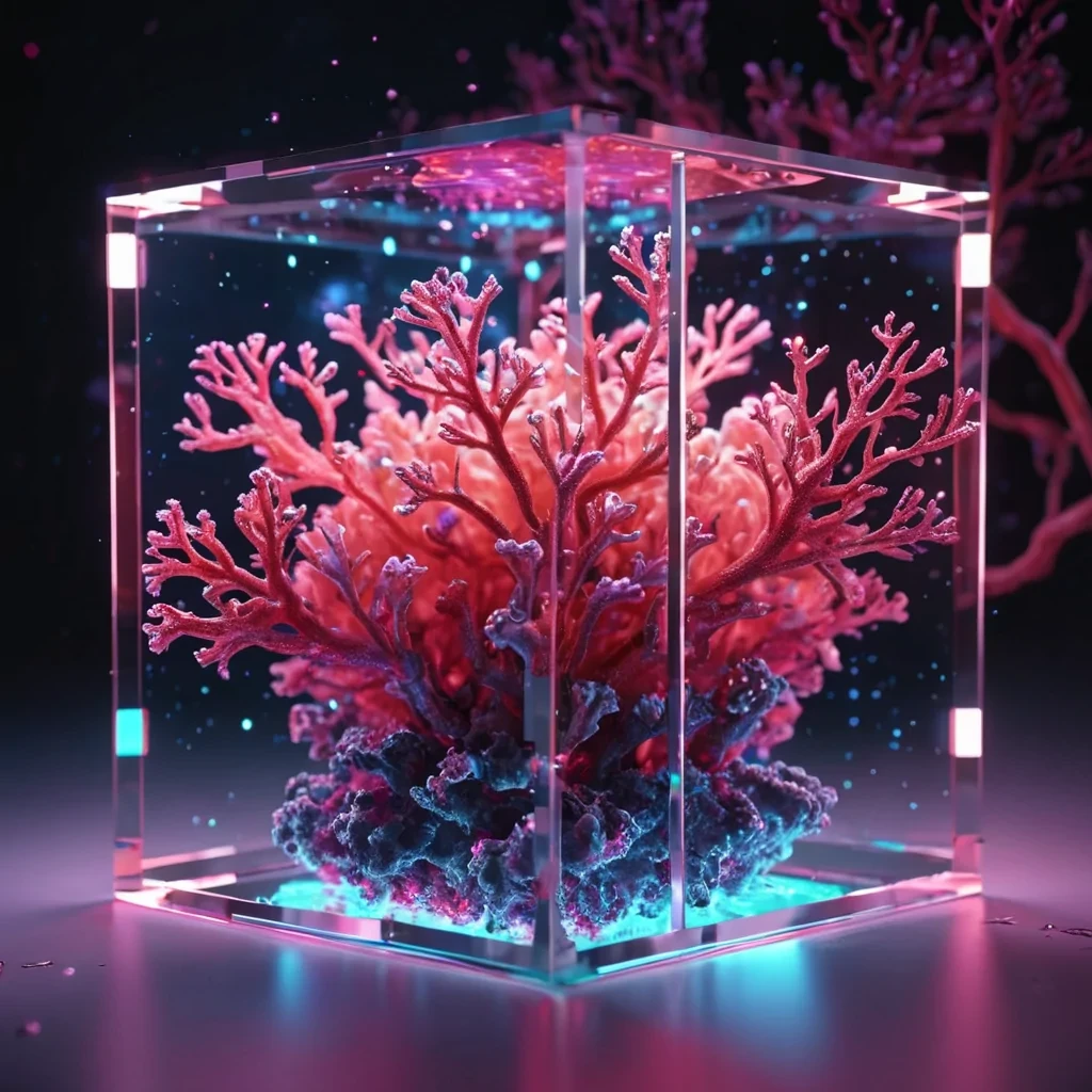 Hyperrealistic neon corals with reflective metallic branches swaying in a cubic ruby chamber filled with luminescent quantum vapor, holographic petals floating in dynamic lighting, soft focus, vibrant colors, 4K