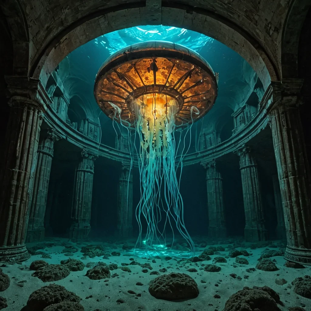 A horizontal, wideangle cinematic shot of a colossal, submerged cathedral in the depths of a dark, violettinged ocean trench, where the architecture is composed not of stone but of massive, interlocking plates of translucent, bioluminescent jellyfish membranes that pulse with a slow, rhythmic, soft cyan glow. The interior is flooded with a thick, viscous fluid that glows faintly amber, creating a surreal, honeylike atmosphere where light bends and refracts through the curved, organic walls. Suspended in the center of the nave is a large, ancient, rusted copper astrolabe that rotates silently, its intricate gears shedding tiny, glowing bubbles that rise toward the vaulted ceiling. Surrounding the astrolabe are