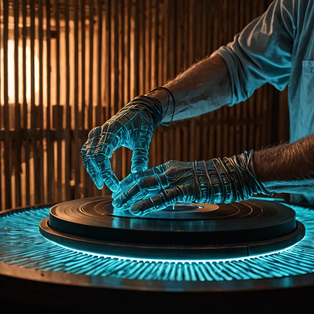 A cinematic, shallow depthoffield photograph capturing a hyperrealistic portrait of an elderly artisan resting their hands on the edge of a massive, rotating turntable. The surface of the turntable is not vinyl, but a seamless, flowing sheet of molten, iridescent obsidian that reflects the warm, amber glow of a nearby, suspended lantern made of woven silver filaments. The artisans fingers are adorned with intricate, articulated gloves made of translucent, flexible silicone, each finger tip glowing with a distinct, soft cyan light that casts sharp, prismatic reflections onto the dark glass. In the background, out of focus, a wall of vertical, wooden slats hangs in a grid pattern, each slat embedded with a single, dried,