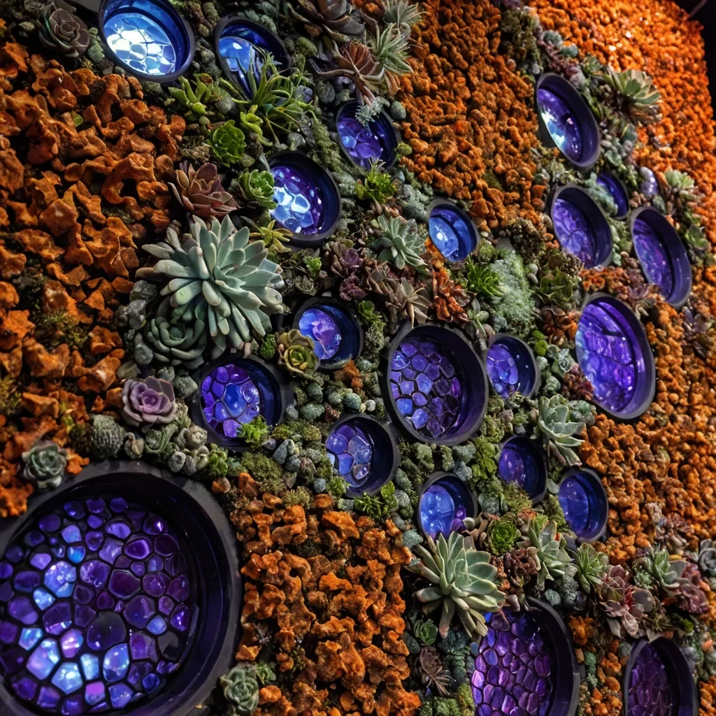 A horizontal, lowangle closeup of a sprawling, vertical garden wall constructed from interlocking, hexagonal tiles of iridescent, motherofpearl ceramic, each tile housing a miniature, selfsustaining ecosystem of vibrant, nonleafy flora such as towering clusters of corallike succulents, cascading waterfalls of silver moss, and floating spheres of glowing lichen in electric orange and deep violet. The scene is illuminated by the cool, diffused light of a doublemoon sky visible through a massive, circular aperture in the ceiling above, casting soft, overlapping shadows that highlight the intricate textures of the ceramic grout and the dewdrops clinging to the plants. In the immediate foreground, a delicate, brassandg