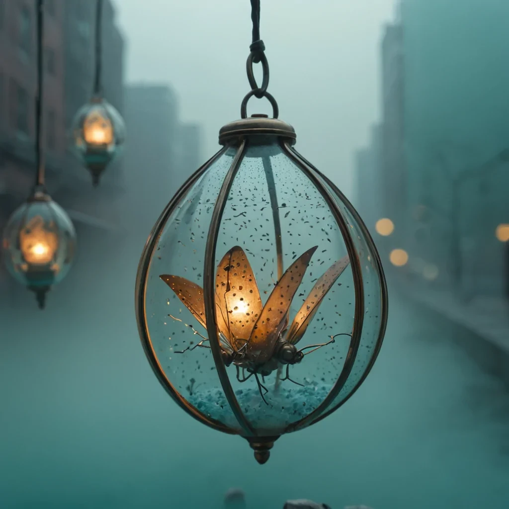 A photorealistic, macro closeup of a delicate, translucent seed pod made of frosted amber glass, suspended in midair within a dense, humid fog bank of soft, pastel teal mist. The seed pod contains a miniature, fully realized cityscape of miniature brass skyscrapers and cobblestone streets, illuminated by warm, glowing lanterns that cast intricate shadows on the inner glass surface. Surrounding the pod are hundreds of tiny, floating mechanical moths with wings made of thin, oxidized copper sheets, their bodies emitting faint, pulsing pulses of electric blue light. The lighting is soft and diffused, creating a dreamlike, ethereal atmosphere with shallow depth of field, blurring the background into a smooth, creamy gradient of