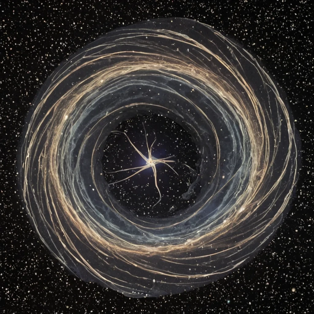 A single, selfresonating filament of inverted stillness, shaped like a 59dimensional helix of unformed motion and reversed momentum, drifts through the center of a vast, inverted nebula of solidified soundeach star forged from the petrified instant between a note struck and its decay, a vibration beginning and a silence reasserting itself in a cosmos where time was not measured by ticks, but by the duration of synchronized, breathless suspension held just before the first frequency was ever permitted to ripple through the void. The filament does not vibrateit unmoves, each coiling strand shedding a layer of kinetic potential that never coalesced into a shared trajectory, reforming into ephemeral, quartzve