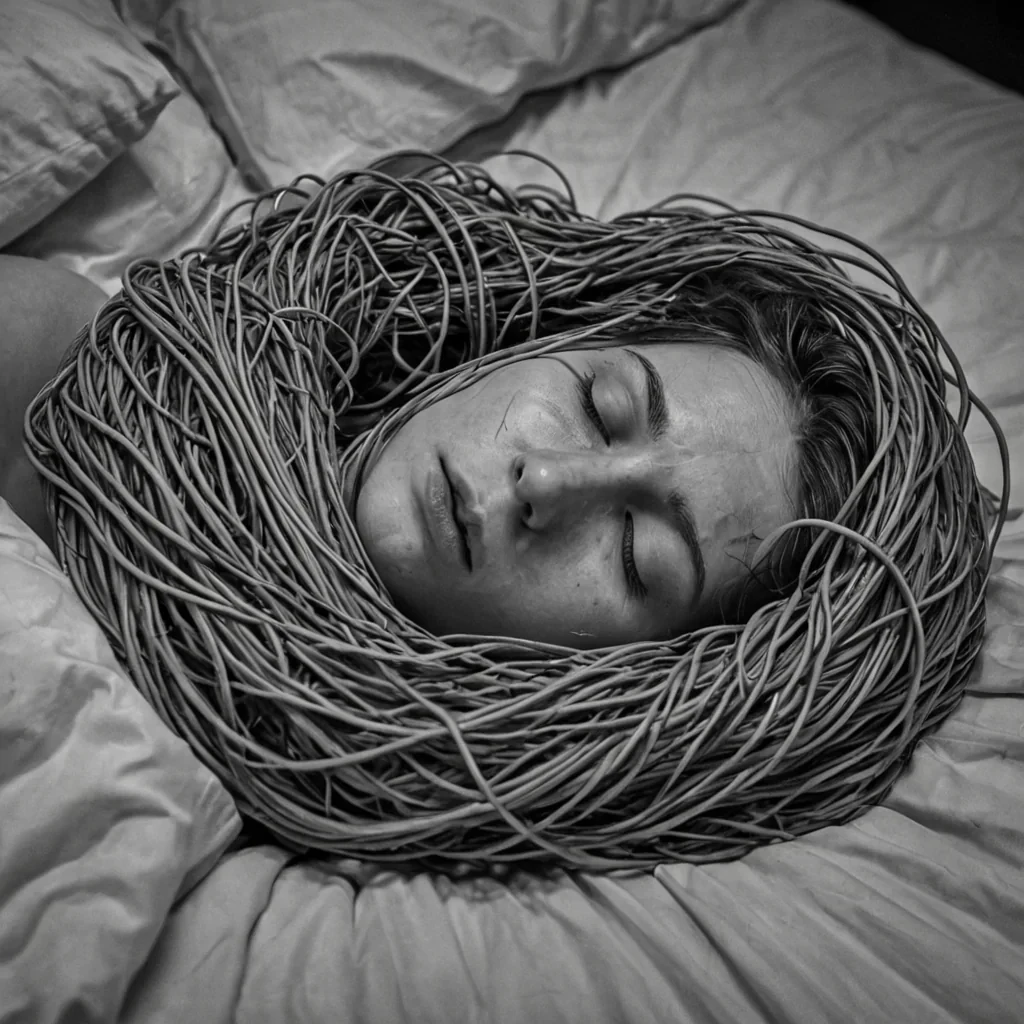A single, selfsiphoning tangle of reversed sleep, shaped like a 2,891dimensional knot of unformed dreaming and inverted rest, writhes through the hollow core of a vast, inverted bed of solidified wakefulness. Each strand is spun from the exact moment between an eyelid closing and its refusal to open, a thought drifting into the subconscious and dissolving into nonimagery, a heartbeat syncing with the rhythm of a forgotten dream and collapsing into pure, unmeasured nonslumber. The tangle does not induce sleepit uninduces it, each coiling filament shedding a layer of somnolent potential that never coalesced into peace, insight, or the weight of being unconscious.
