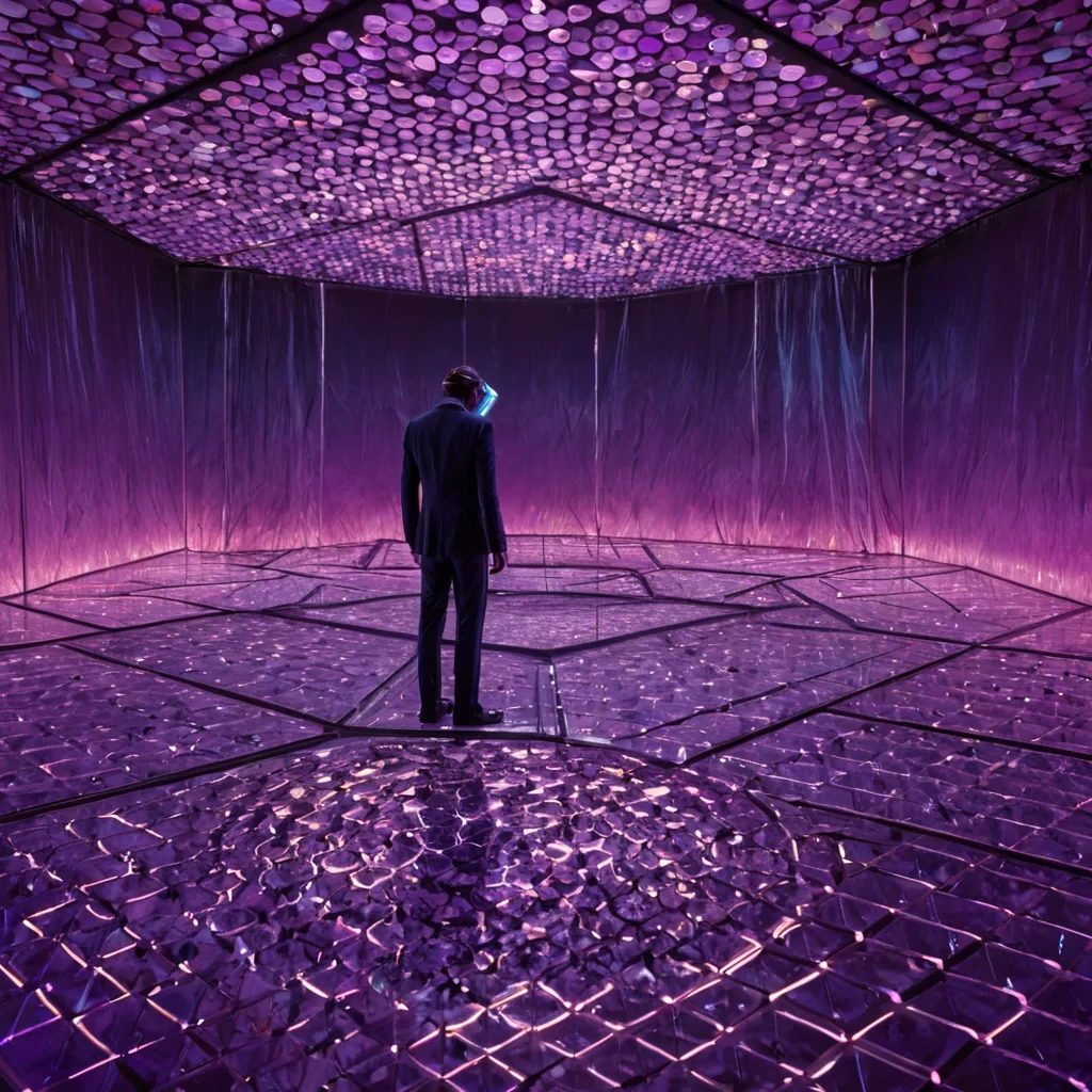 A horizontal, eyelevel wide shot of a colossal, floating agricultural platform constructed from interlocking hexagonal cells of translucent, amberhued silica gel, suspended in a thick, stratified atmosphere of violet haze and suspended gold dust. The platforms surface is covered in geometric patterns of luminescent, gelatinous crops that pulse with rhythmic, internal light in shades of electric blue and soft magenta, cultivated within shallow, reflective pools of mercury. In the foreground, a harvest overseer with skin resembling polished, mattefinish porcelain and wearing a sleek, formfitting suit of iridescent, scalelike synthetic fabric stands on a narrow, transparent walkway made of reinforced glass. They are carefully inspecting a cluster of glowing, spherical