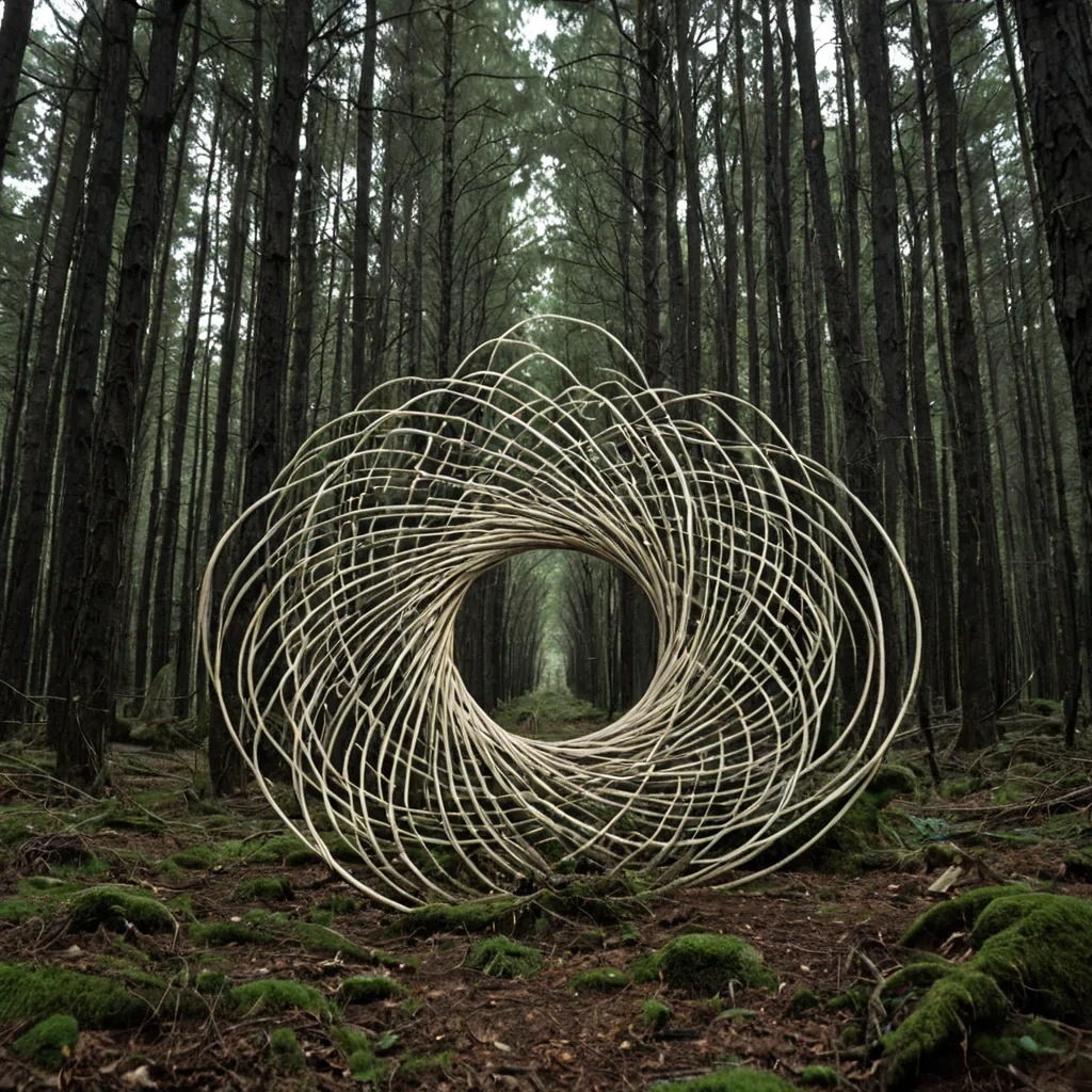 A single, selfilluminating knot of woven silence, shaped like a 7dimensional torus of inverted sound and unformed stillness, pulses at the center of a vast, inverted forest grown from the petrified breaths of a civilization that measured peace through the duration of synchronized, silent meditations held just before the first thought was ever allowed to form. The knot does not glowit unquiets, each twist unraveling a layer of vibrational potential that never coalesced into a shared calm, reforming into ephemeral, moonstonethreaded afterimages shaped like the negative space between two minds that never aligned in the same moment of mutual emptiness. The forest is not botanicalit is a stratified expanse of