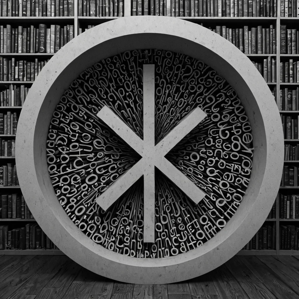 A single, selfrewriting glyph of reversed language, shaped like a 9,174dimensional script of unformed syntax and inverted meaning, pulses through the hollow core of a vast, inverted library of solidified silence. Each character is spun from the exact moment between a word forming on the tongue and its refusal to be spoken, a sentence taking shape in thought and dissolving into noncoherence, a heartbeat syncing with the rhythm of a forgotten dialect and collapsing into pure, unmeasured noncommunication. The glyph does not convey meaningit unconveys it, each shimmering rune shedding a layer of linguistic potential that never coalesced into truth, story, or the weight of being understood. As it drifts backward through