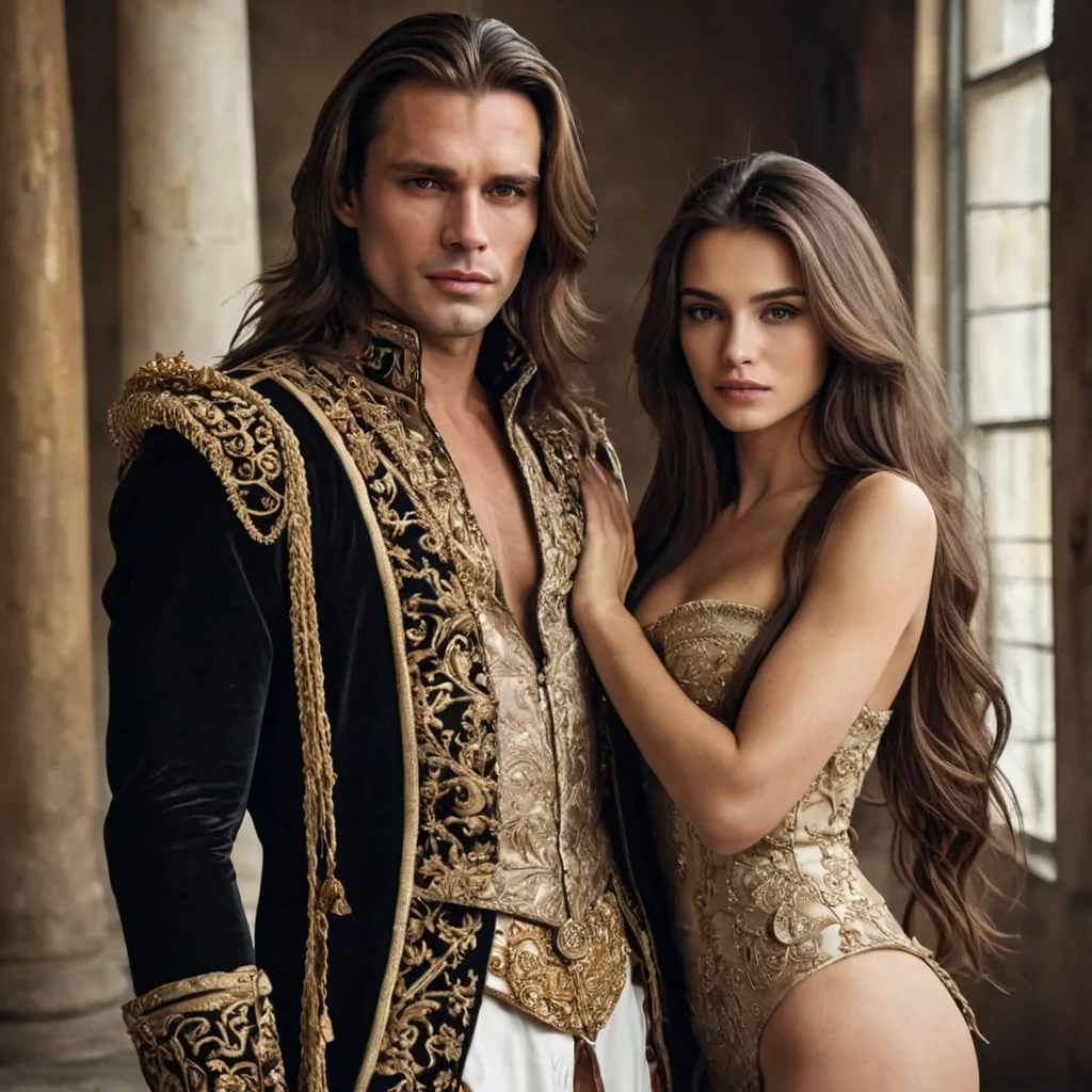 A modern handsome king dressed very nice with hardly dressed beautiful brunette women with long hair