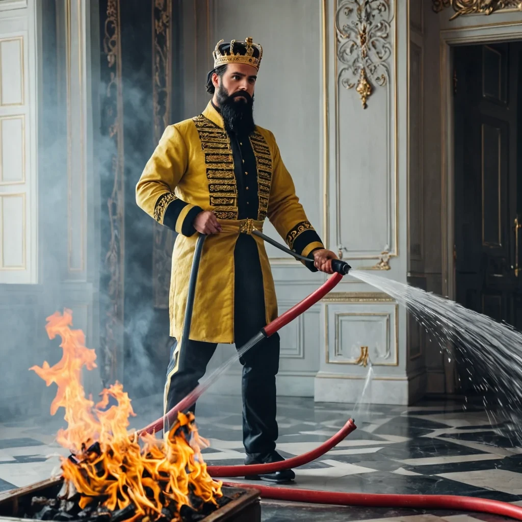 Modern, handsome king with a black beard is working a fire hose putting out a fire in the palace.