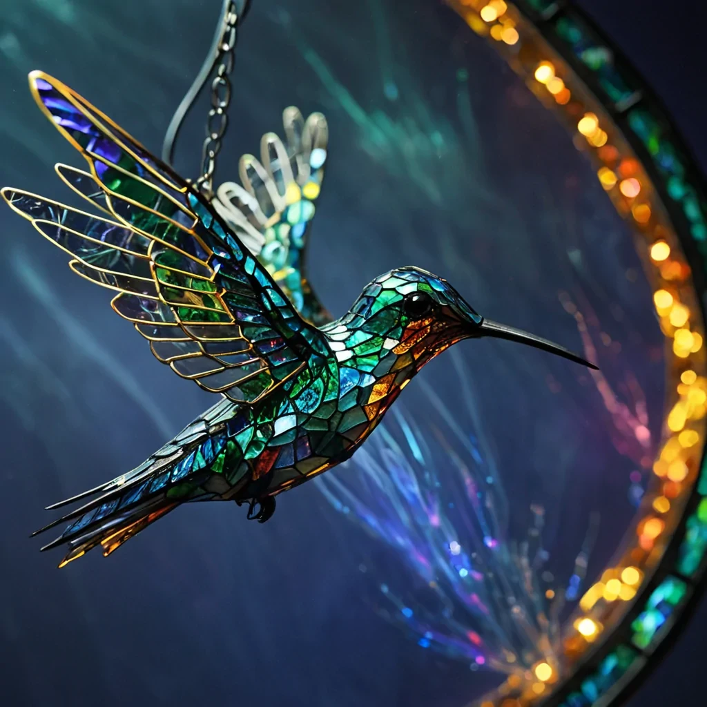 A macro, extremecloseup view of a delicate, translucent hummingbird constructed entirely from intricate, interlocking shards of stained glass and thin filaments of glowing fiber optic cables, hovering midair against a backdrop of deep, velvety indigo mist. The birds wings are blurred into soft, radiant arcs of amber and teal light, while its body features meticulous details of leaded glass panels in shades of emerald, sapphire, and ruby, each facet catching sharp, highcontrast directional lighting. Tiny, floating particles of gold dust and iridescent spores drift around the creature, illuminated by a soft, ethereal glow emanating from within the glass structure. The composition is sharply focused on the birds head and beak,