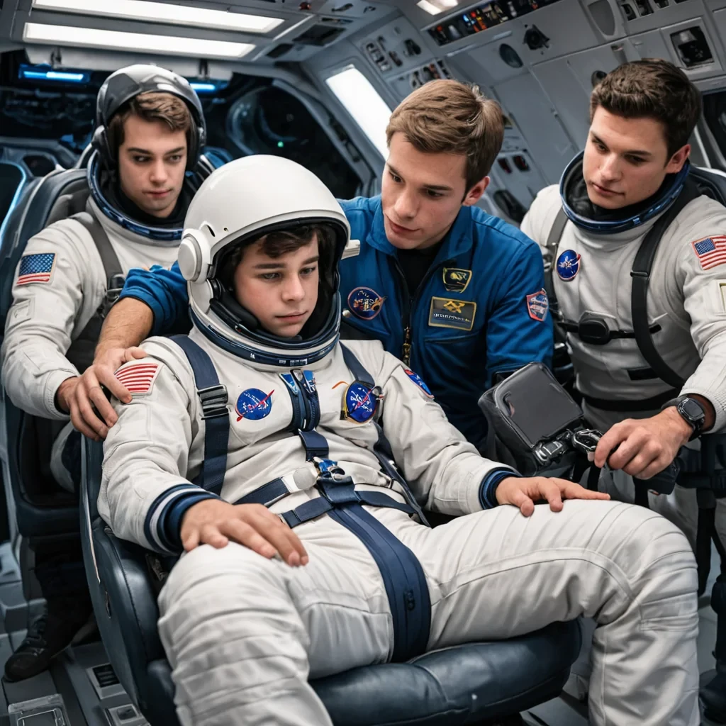 Two normal guys helping a teenage boy strap in his seat for the ride of his life wearing a space suit and helmet inside a spaceship