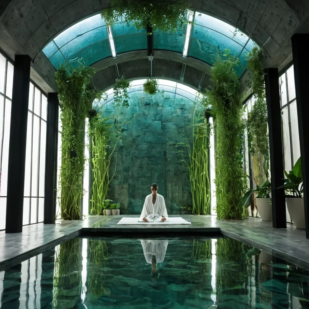 A lowangle, wide shot of a serene, indoor aquaponics cathedral where the ceiling is a sprawling canopy of hanging, vertical moss walls in varying shades of emerald and sage, interspersed with translucent hydroponic tubes pulsing with nutrientrich water. The floor is composed of smooth, polished slate tiles reflecting the soft, ambient light from submerged LED strips that cast a cool, aquatic blue glow. In the center, a minimalist, floating meditation pod made of brushed aluminum and clear acrylic hovers gently above the water level, occupied by a figure in a loose, ivory linen robe, their silhouette framed by the lush, organic architecture. The air is crisp and still, filled with a fine mist that catches the light, creating a hazy