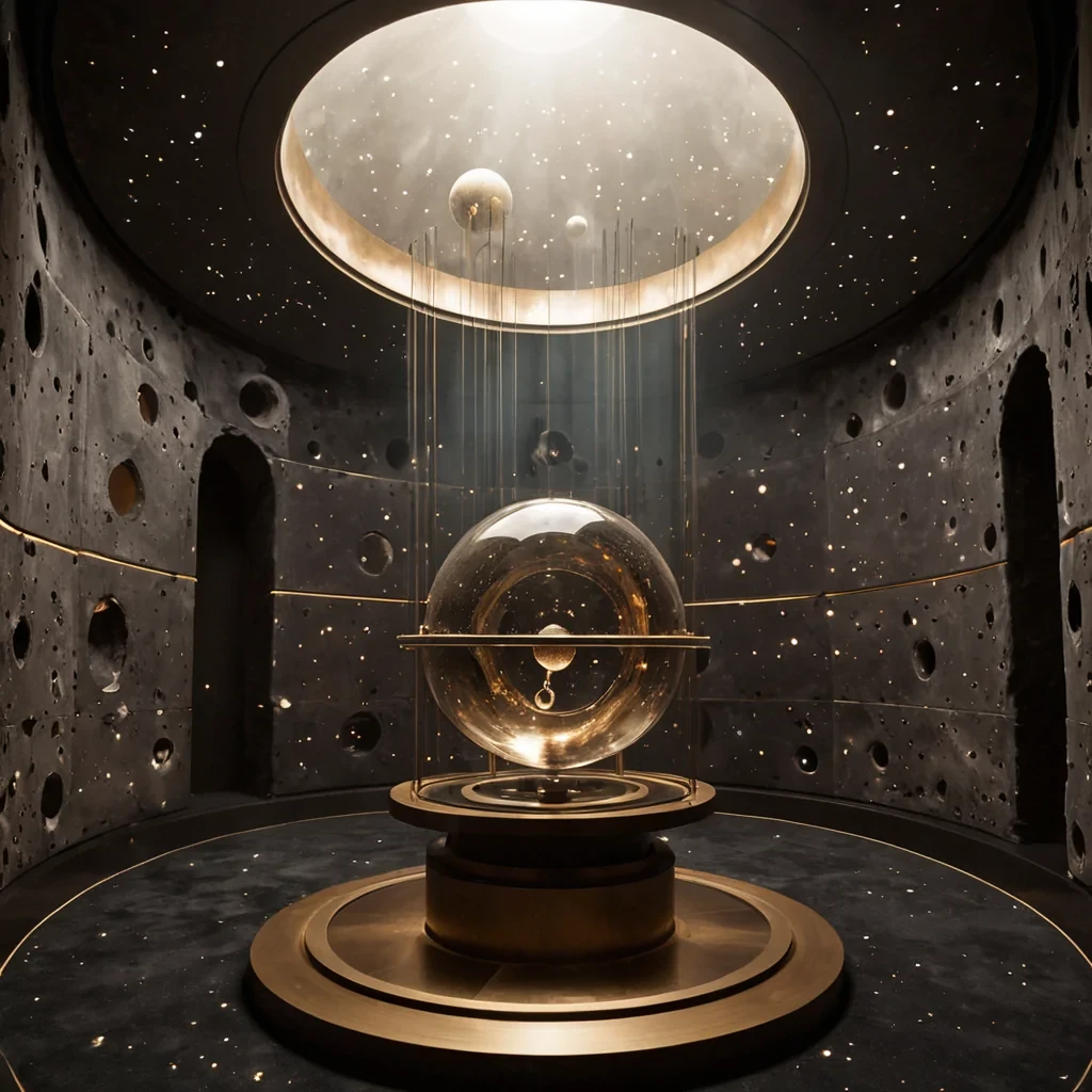 A vertical, eyelevel medium shot of a serene, suspended observatory located within the hollow core of a massive, floating asteroid, where the interior walls are lined with curved, polished bronze mirrors that reflect the endless void of space through transparent portholes. The room is filled with a gentle, warm haze of incense smoke that drifts around delicate, floating globes of solidified starlight, each one a translucent, ambercolored sphere containing a miniature, swirling galaxy in suspended animation. In the center, a low, circular platform made of dark, polished ebony wood holds a complex, brass armillary sphere that rotates slowly, its rings catching the soft, diffuse glow of the distant nebula visible through the windows. In the foreground, a celestial
