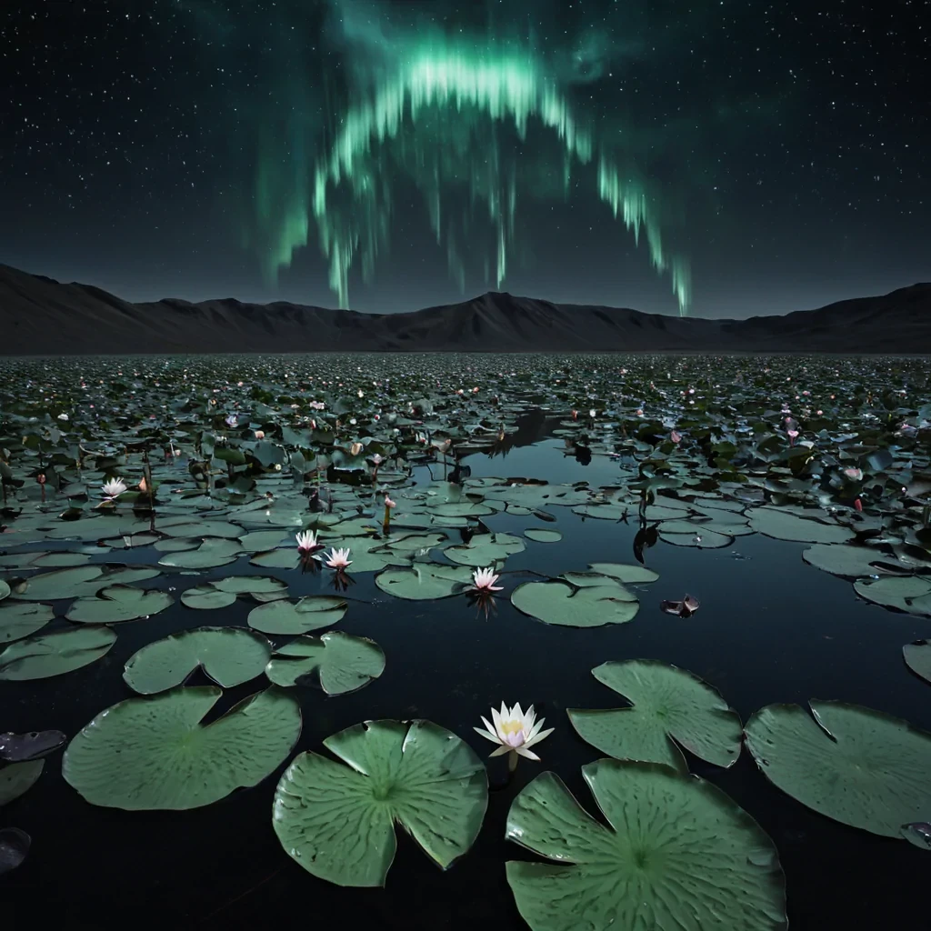 A colossal, selfrepairing archipelago of floating, obsidianhued water lilies drifts through the thermosphere of a planet where time flows sideways, each lily not rooted in mud but anchored in solidified regretits petals carved from the compressed emotional residue of decisions never made. The lilies do not bloom they unbloom, their edges retracting like a memory dissolving in reverse, revealing not emptiness, but the ghostly outlines of choices that never existed, their emotional weight preserved in the crystalline structure of each petal. The sky is not blueit is a slowmotion cascade of inverted auroras, each streak not light but the afterimage of a decision that never unfolded, reforming into a