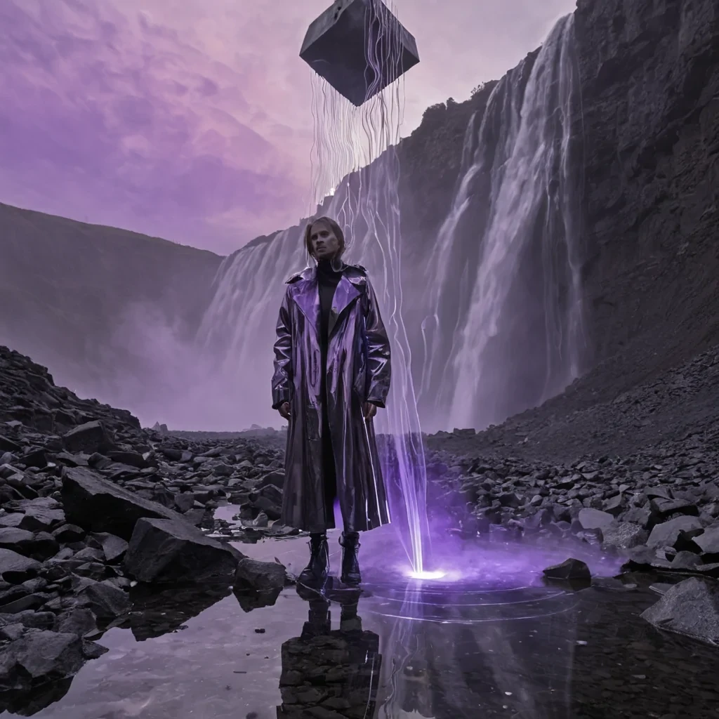 A horizontal, eyelevel medium shot of a solitary luminary standing on the precipice of a colossal, inverted waterfall of liquid mercury flowing upward into a vortex of swirling, iridescent gas clouds. The figure wears a structured, asymmetrical coat woven from reflective, metallic threads that shift between silver and pale gold, paired with widelegged trousers of matte charcoal fabric. In their hands, they balance a delicate, hexagonal prism made of solidified light, which refracts the ambient, neonviolet atmosphere into sharp, geometric beams that pierce the mist. The background is a dreamscape of floating, rusted industrial machinery parts suspended in zero gravity, slowly rotating around the central figure, while the foreground features smooth, obsidianblack rocks that