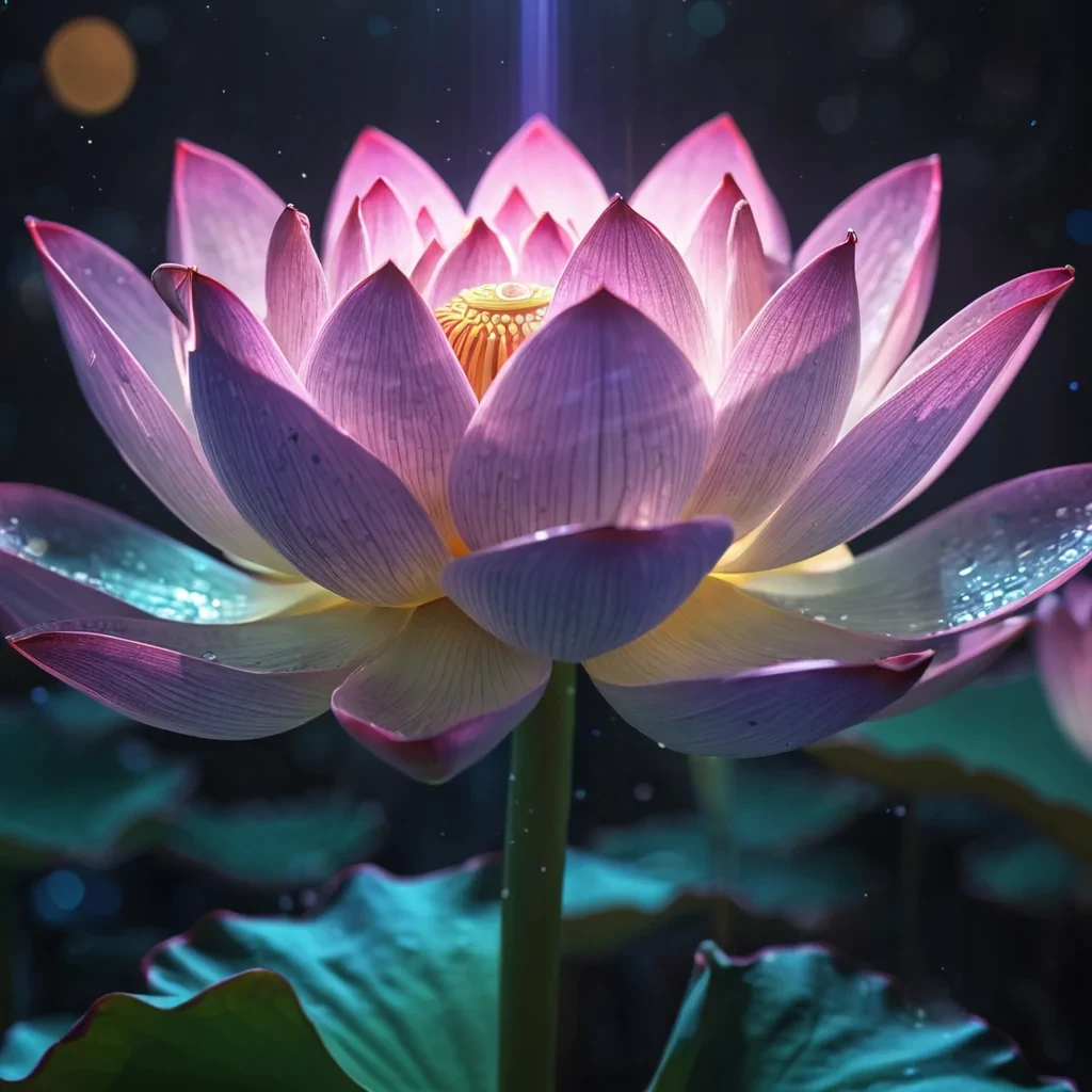 Quantum Whisper A sentient, holographic lotus blooms in ultra HD, hyperrealistic detail within a zerogravity, neonlit chamber. Its petals, crafted from shimmering, volumetric quantum foam, emit a vibrant, pastel spectrum of light, casting dynamic, cinematic shadows across the monochromatic, alien architecture. The lotuss central stamen pulsates with a rhythmic, atmospheric glow, creating a soft, ethereal bokeh effect that dances with the chambers lens flare.