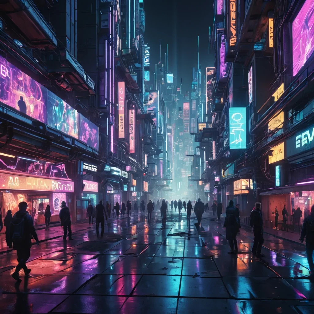 Photorealistic, labyrinthine, neonlit, cyberpunk undercity, its hyperrealistic, 4K, pixelated, holographic billboards casting dynamic, ultra HD, volumetric shadows. Cinematic lighting illuminates the citys sprawling, metallic, interconnected architecture, reflecting on the inverted, mirrored, zerogravity streets. Vibrant, electric colors dance across the scene, punctuated by soft focus, lens flare, and atmospheric effects, revealing glimpses of enigmatic, augmented reality creatures lurking in the shadows.