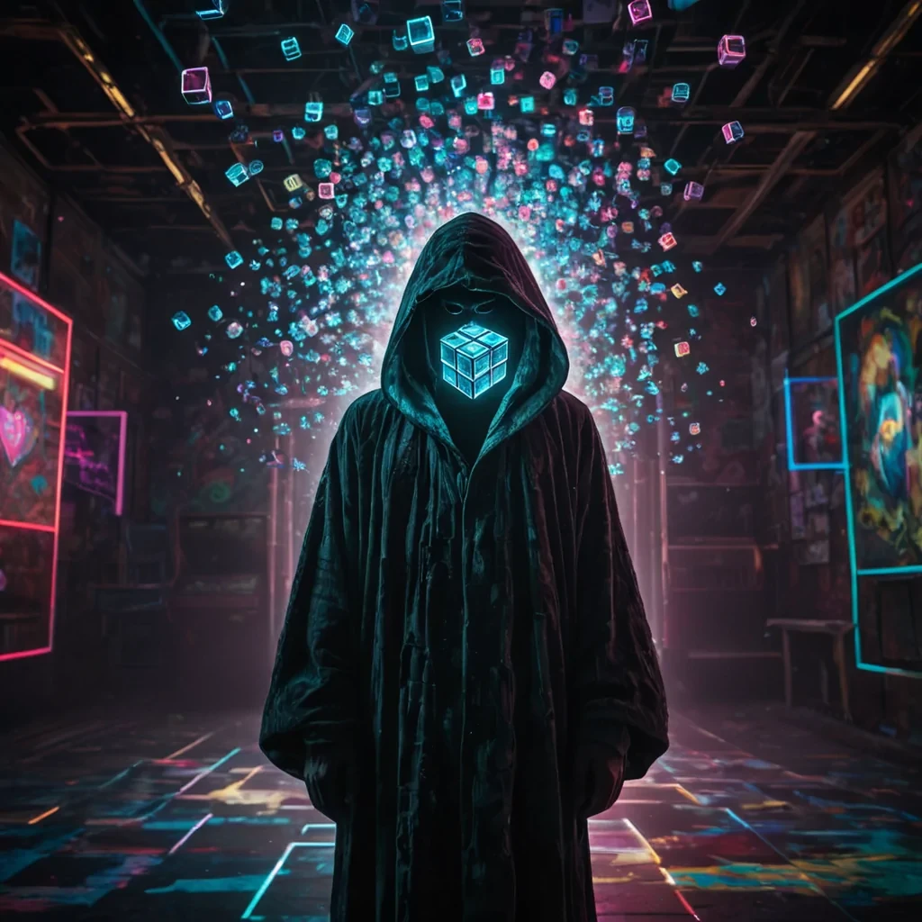 A hyperrealistic, 4K portrait of a lone, sentient, neonlit holographic Rubiks cube, its ethereal form pulsating with intricate, bioluminescent fractal patterns, suspended in the heart of a vast, abandoned, neonlit arcade, with volumetric lighting casting dramatic shadows and emphasizing the cubes dynamic, fluid movements, and a subtle, cool bokeh effect creating a sense of isolation and melancholy, as a spectral, ethereal figure, cloaked in a tattered, hooded robe, stands silently at the edge of the frame, their face obscured by shadows, adding an enigmatic, haunting touch to the otherwise abstract scene.