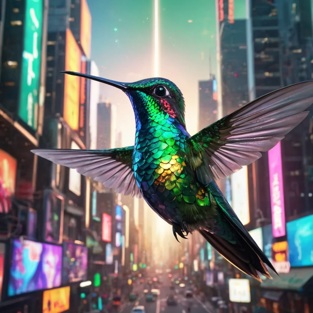 A hyperrealistic, 4K, ultra HD portrait of a sleek, cybernetic hummingbird, its iridescent feathers shimmering with holographic light. The hummingbirds eyes, a vibrant emerald green, glow with an inner intensity, and its wings, a fusion of metallic and organic components, flutter rapidly, leaving a trail of sparkling stardust. The background is a vast, futuristic cityscape, with towering skyscrapers and holographic advertisements casting a kaleidoscope of colors. Cinematic lighting from a distant, pulsating sun accentuates the hummingbirds otherworldly features, while a soft focus blurs the hightech urban surroundings, creating an ethereal atmosphere.