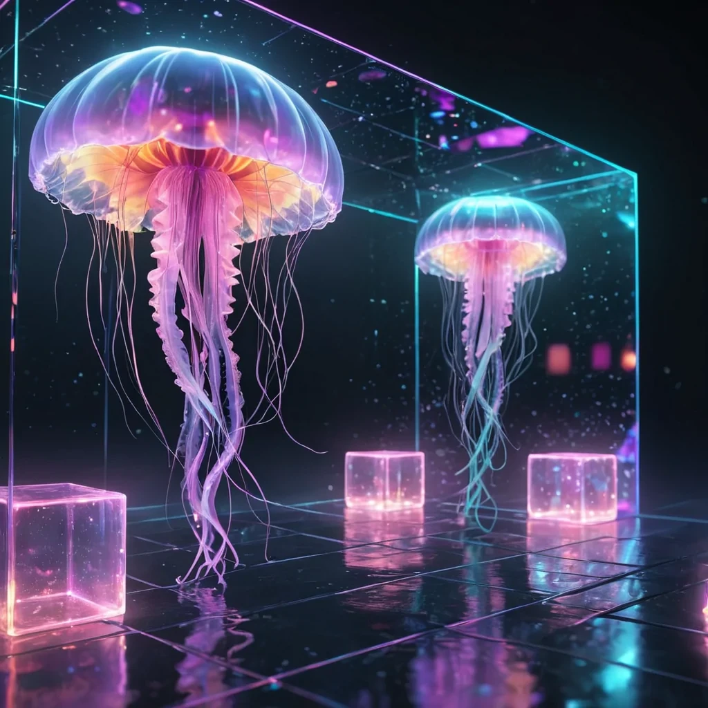 Hyperrealistic neon jellyfish with iridescent tendrils, gracefully floating in a symmetrical, geometric tunnel of reflective, swirling pastel cubes, dynamic lighting with volumetric beams, soft focus on its delicate, luminescent body, vibrant colors, 4K resolution, lens flare shimmering around its ethereal form.
