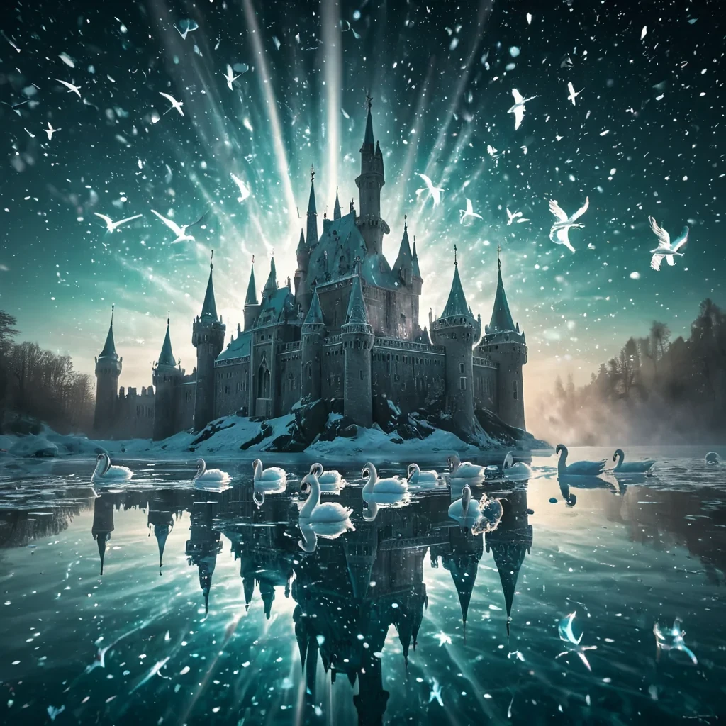 A luminous ice castle floats effortlessly above a crystalclear lagoon, its spires and turrets refracting sunlight into dazzling prisms. Snowflakes whirl gently around the castle, each one intricately detailed with fractal patterns that shimmer against the ethereal backdrop. Below, turquoise waters ripple with reflections of the castle, creating a mirrorlike illusion of upsidedown grace. A squadron of silvertoned, translucent snow swans glide across the lagoon, their feathers gleaming under the soft light. In the foreground, a delicate galaxy of dust motes drifts lazily, illuminated by a single radiant beam from the castles central tower. The overall scene is bathed in hyperrealistic detail, with vibrant pastel tones and a soft