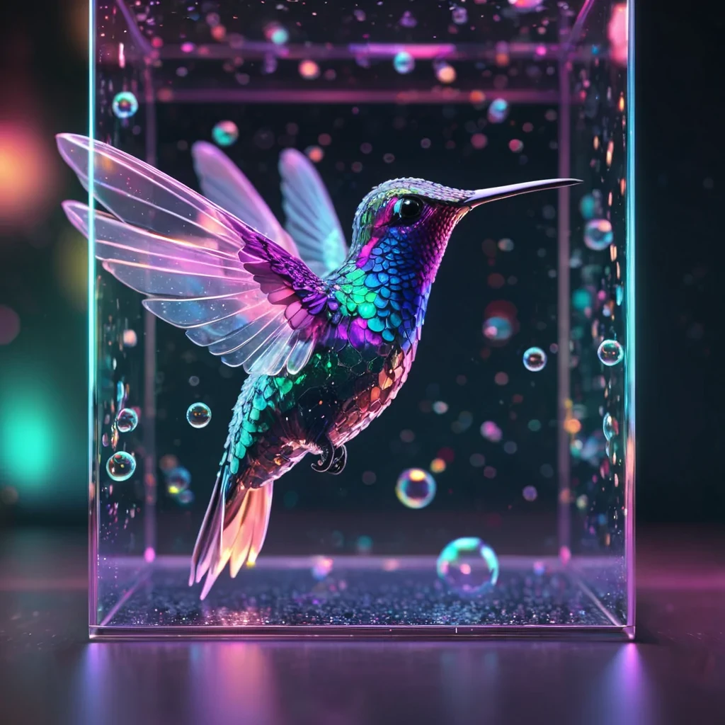 Hyperrealistic neon hummingbird with reflective metallic wings hovering in a cubic glass chamber filled with iridescent bubbles, holographic particles floating in volumetric lighting, dynamic shadows, soft focus, pastel tones, 4K